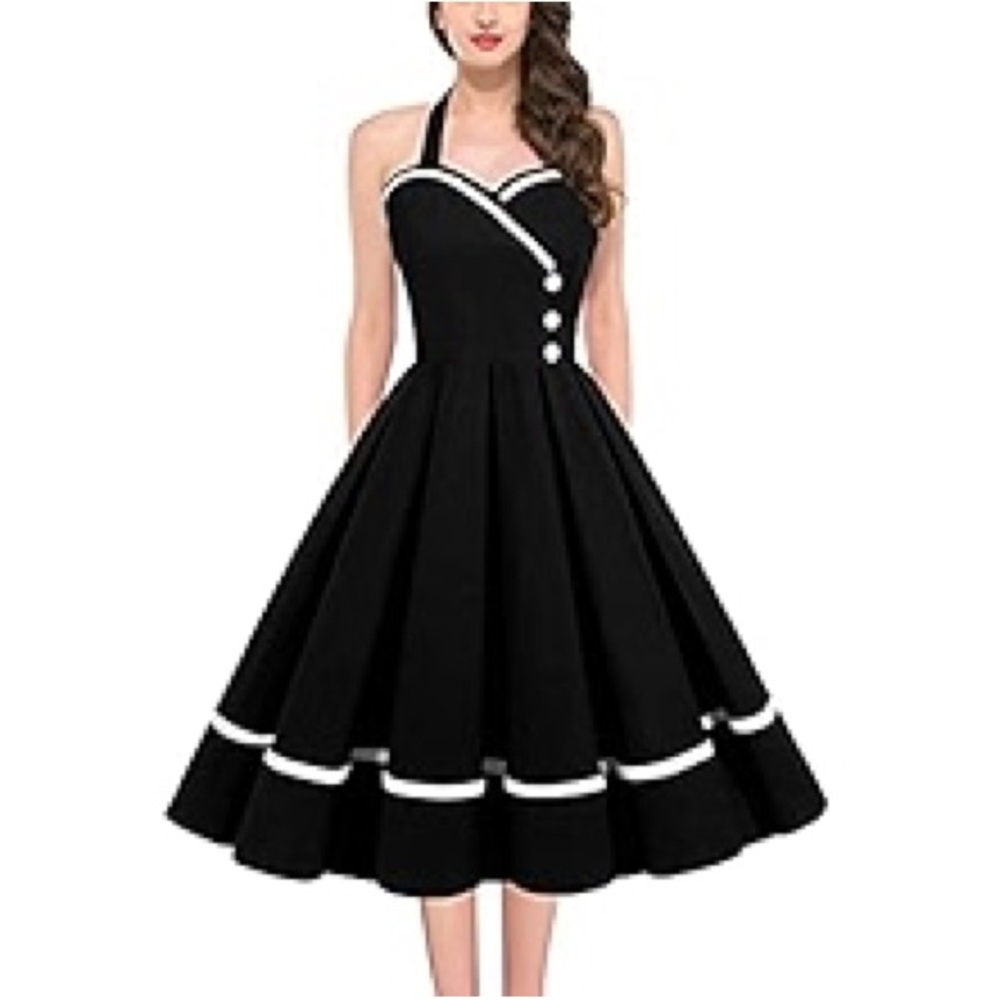 Retro Black Halter Poodle Dress with White Accents